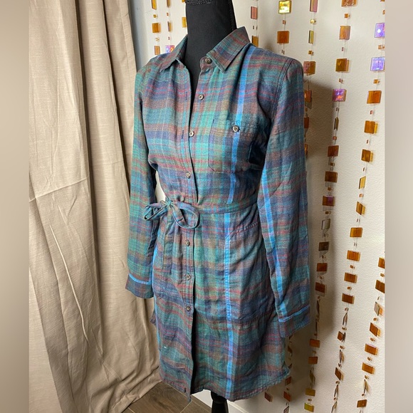 Toad&Co Dresses & Skirts - Plaid Button-Front Shirt Dress with Tie Waist - Teal Multi